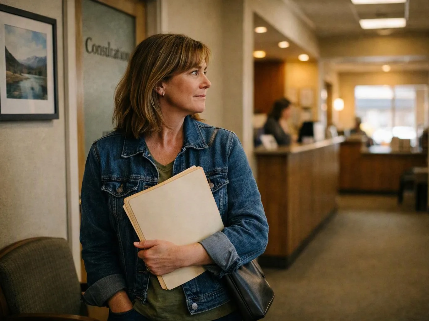 A woman in a denim jacket holds folders while standing in a quiet office hallway