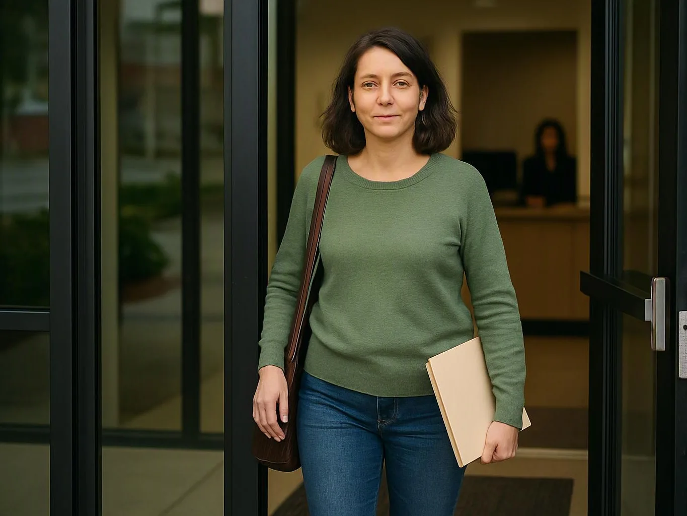 A woman in a green sweater stands in a doorway holding a folder and wearing a shoulder bag