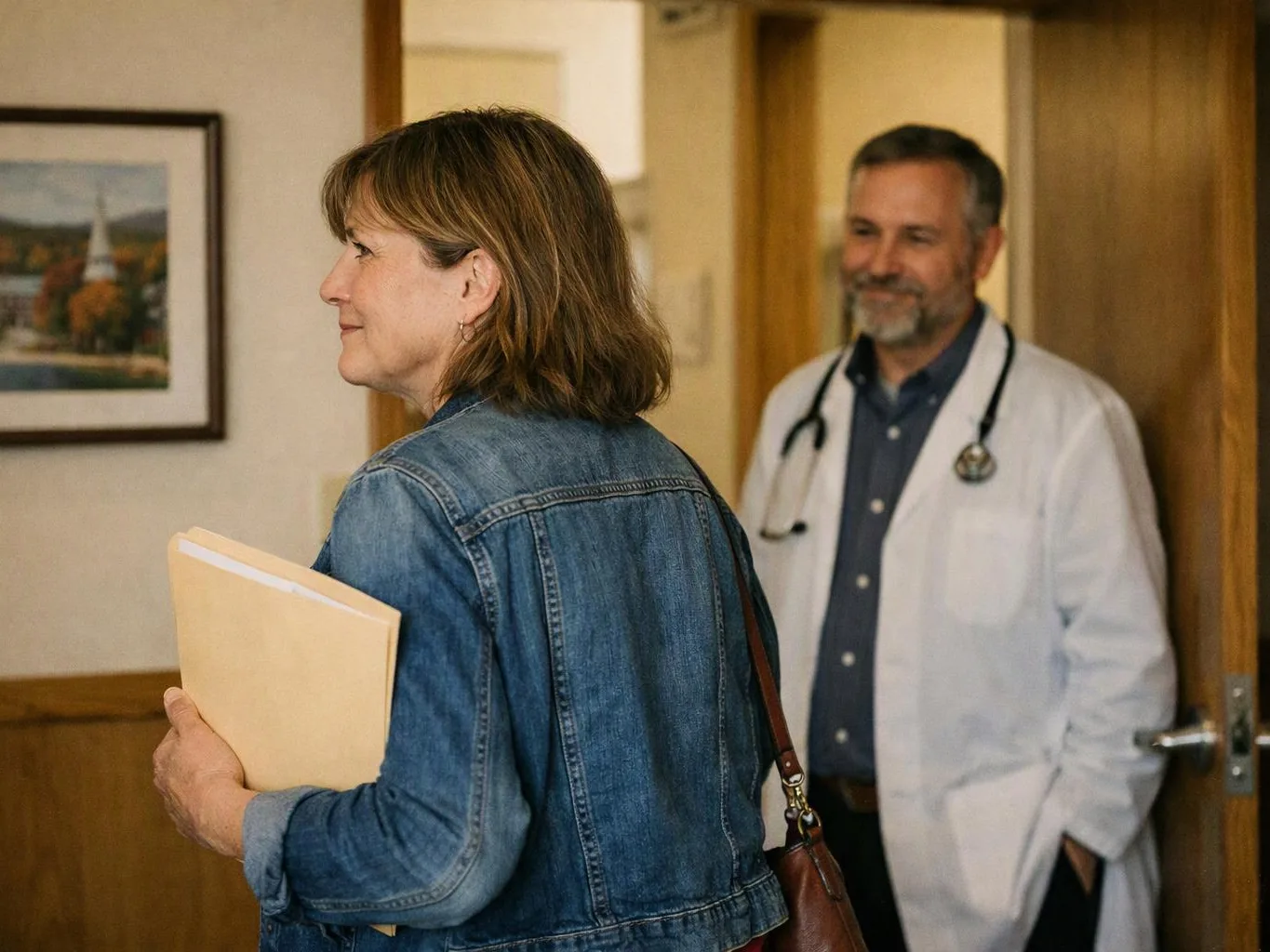 A woman holding folders stands in a hallway while a smiling doctor watches from a doorway