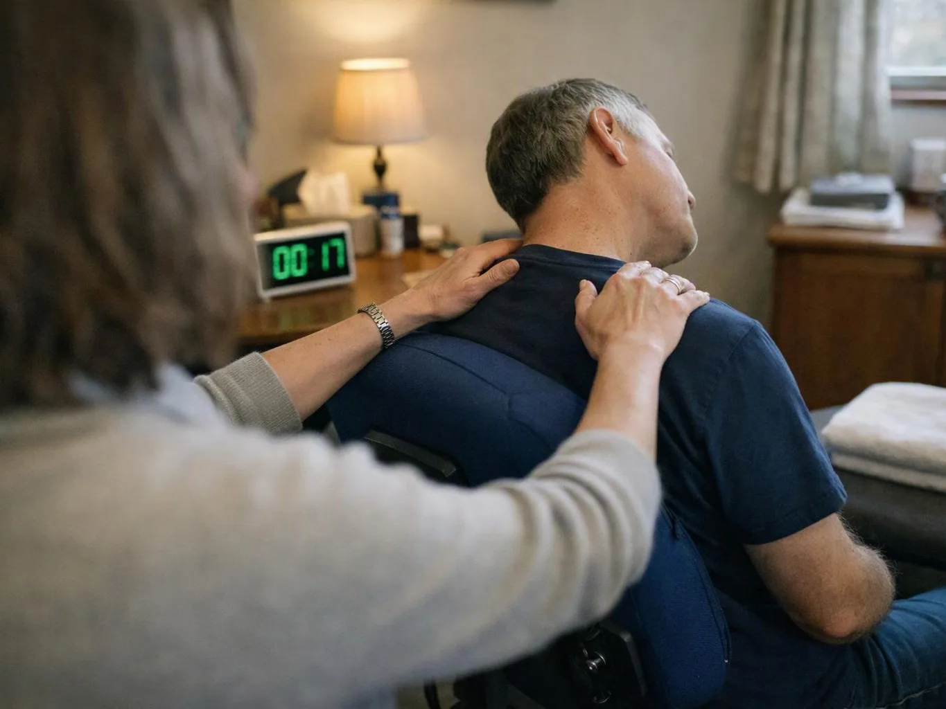 A woman massages a seated man's neck and shoulders in a softly lit room with a glowing clock and lamp
