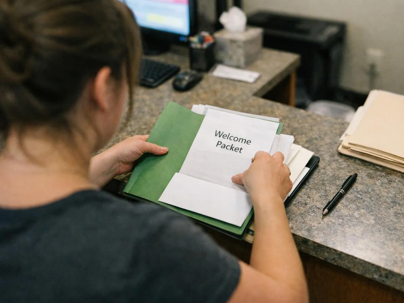A woman opens a green folder labeled “Welcome Packet” at a desk with a computer, pen, and stacked papers