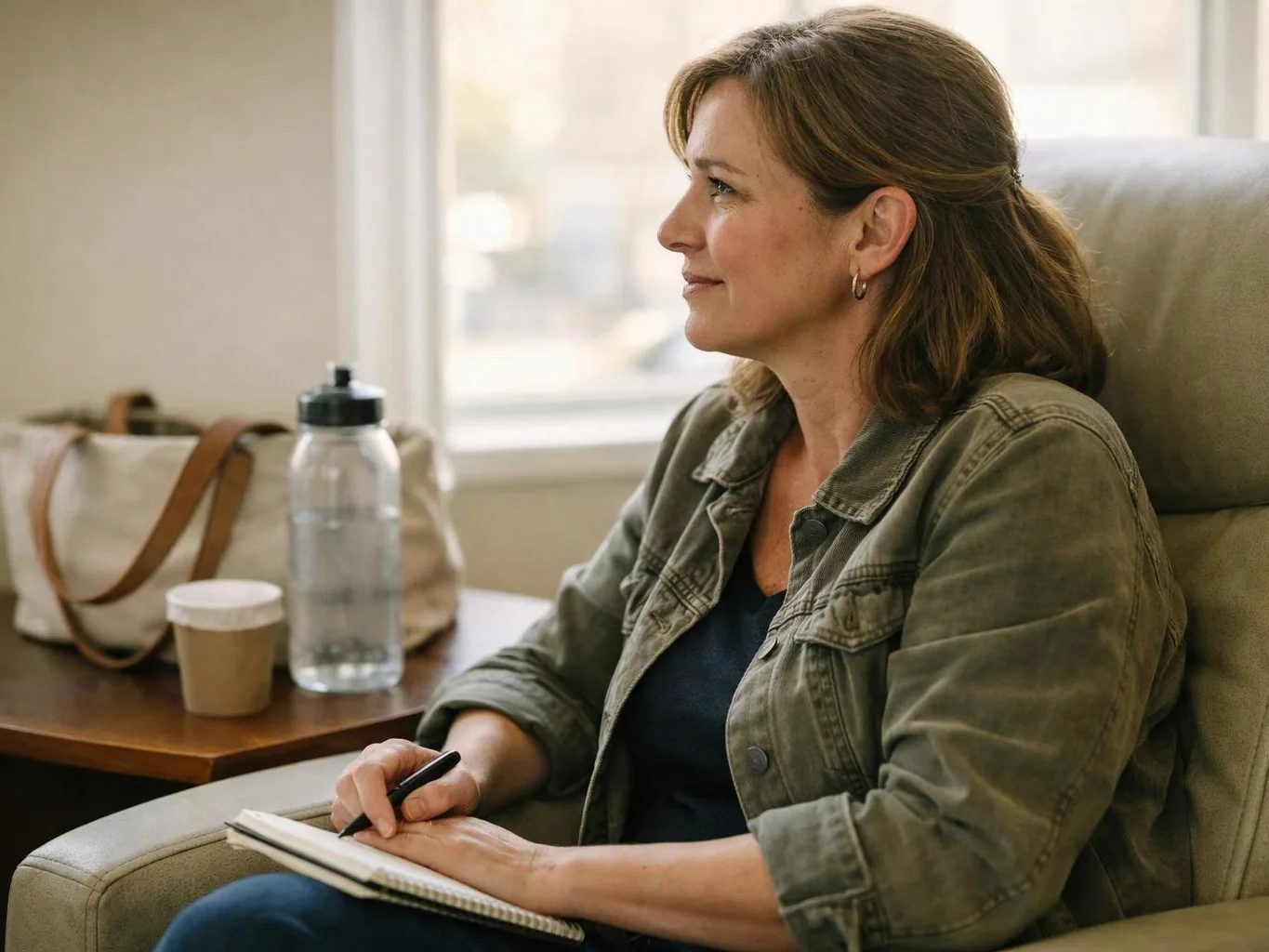 A woman sits in a chair, writing in a notebook beside a water bottle, coffee cup, and bag near a window