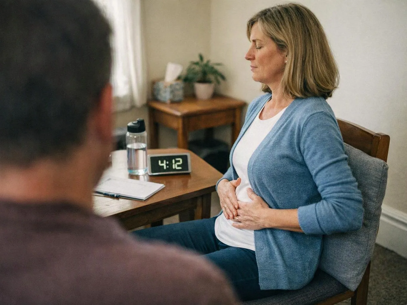 A woman sits at a table with eyes closed and hands on her abdomen during a quiet session