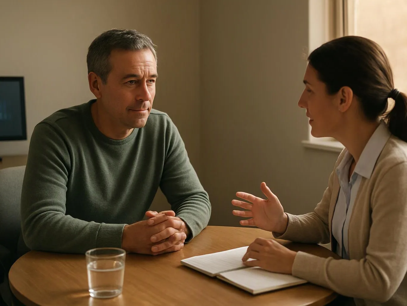 A woman speaks with a man at a table, with a notebook and glass of water between them