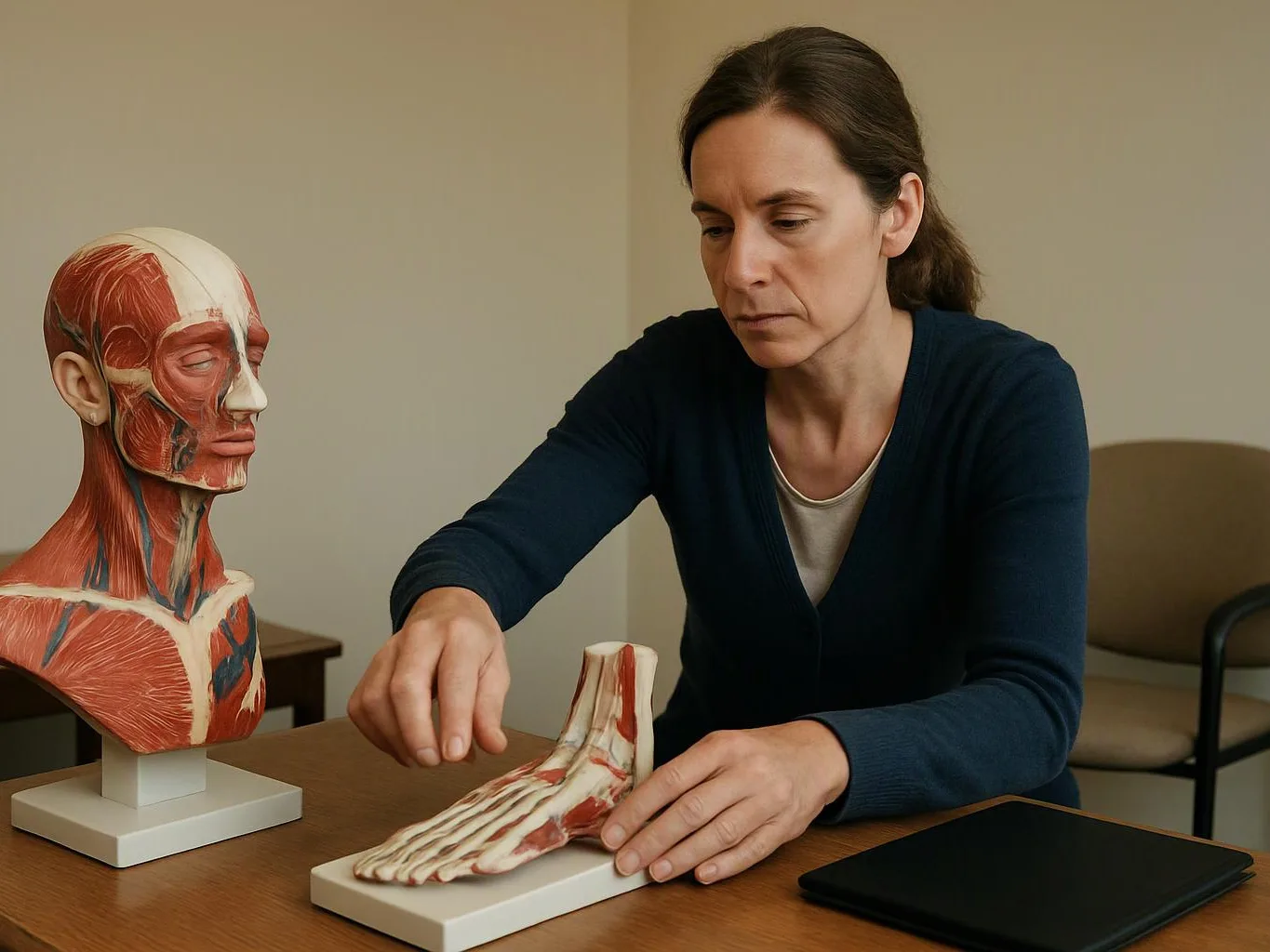 A woman studies an anatomy model of a foot beside a muscular head bust on a table