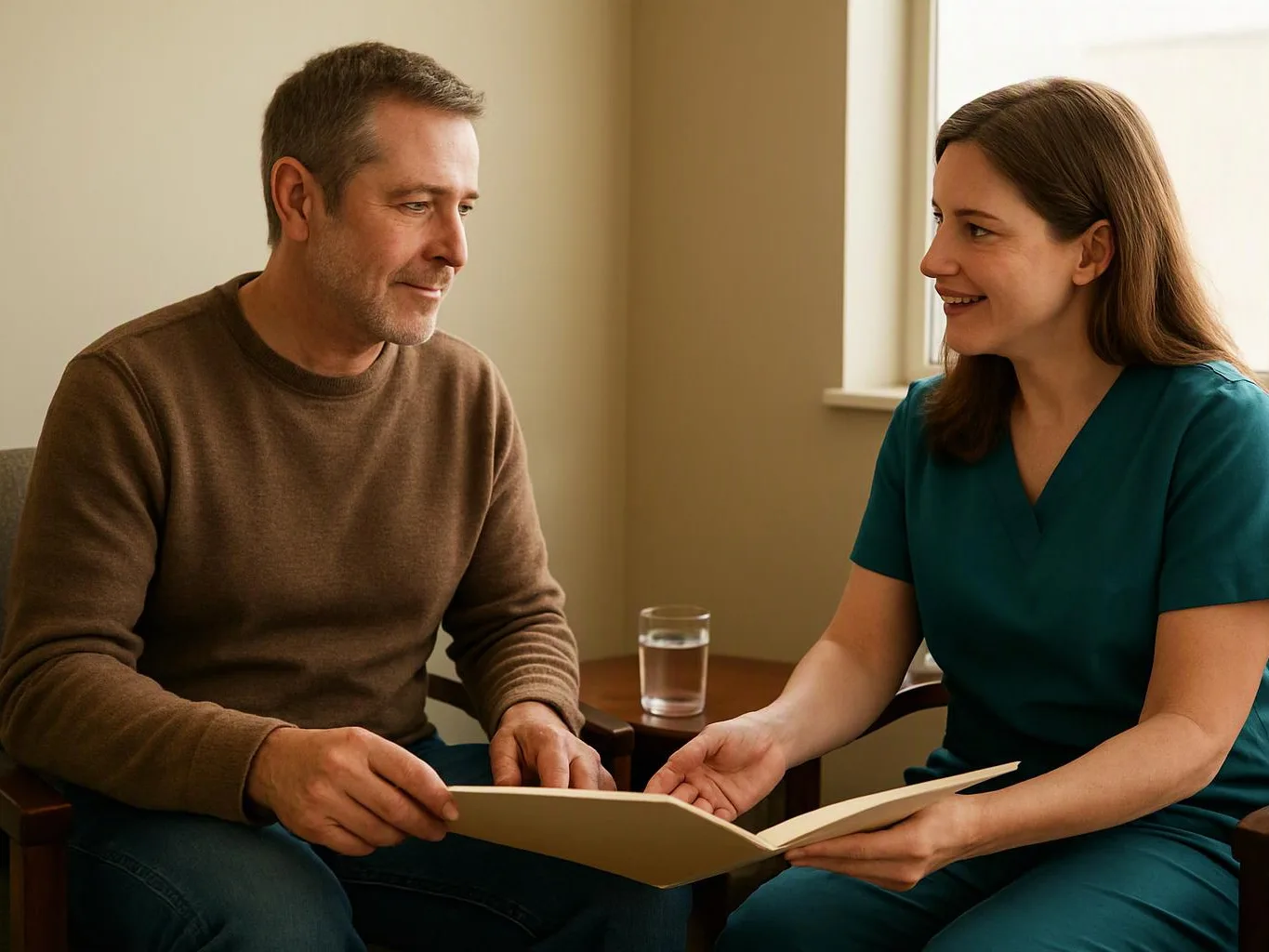 A woman in teal scrubs and a man sit together, looking at an open folder in a quiet room