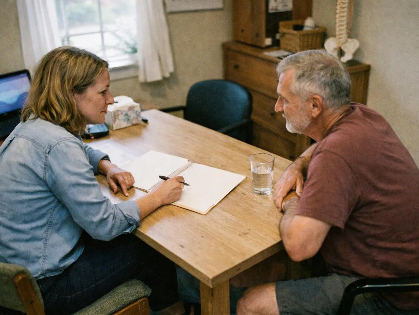 A woman writes in a notebook while an older man leans across a table in a small room