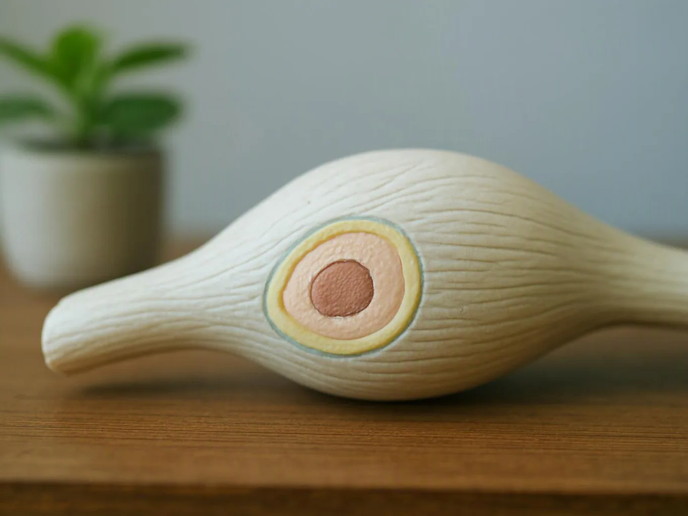 A wooden toy bird lies on a table, with a blurred potted plant in the background